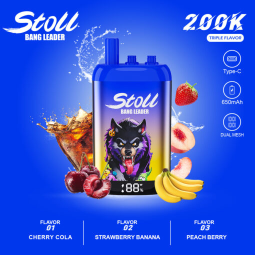Publicité pour l'appareil vape Stoll Bang Leader avec des saveurs triples, des éclaboussures de fruits, des fonctionnalités de Type-C, 650mAh et double mesh