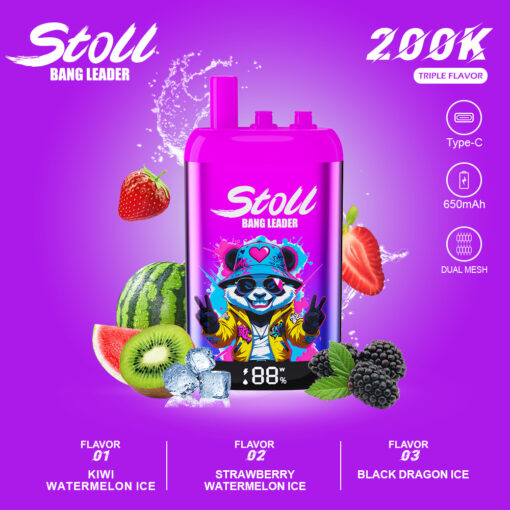 Publicité pour l'appareil vape Stoll Bang Leader violet avec des saveurs de fruits, 200K, Type-C, 650mAh et des icônes de double mesh