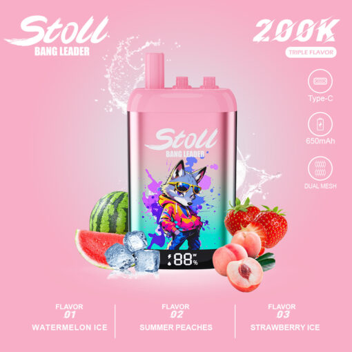 Publicité pour l'appareil vape Stoll Bang Leader rose montrant trois saveurs, Type-C, 650mAh et double mesh, avec des fruits autour de l'appareil