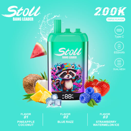Appareil vape Stoll Bang Leader avec des graphiques de fruits tropicaux, étiqueté 200K, Type-C, 650mAh et double mesh, sur un fond turquoise