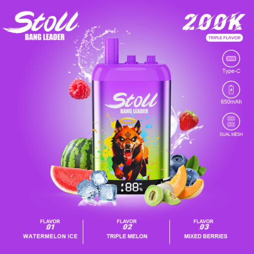 Publicité pour l'appareil vape Stoll Bang Leader violet avec des saveurs de fruits, des bouffées de 200K, Type-C, 650mAh et des fonctionnalités de double mesh