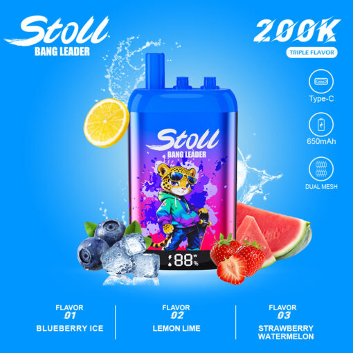Publicité pour l'appareil vape Stoll Bang Leader avec des saveurs de glace à la myrtille, de citron vert et de fraise pastèque