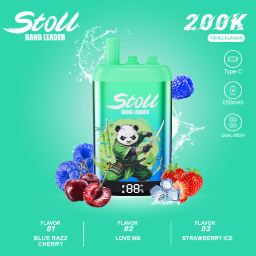 Appareil vape Stoll Bang Leader vert avec une illustration de panda samouraï, des saveurs de fruits et des spécifications pour Type-C, 650mAh, double mesh et triple saveur 200K