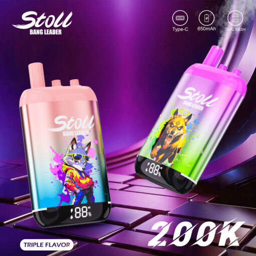 Graphique promotionnel pour les appareils vape Stoll Bang Leader sous un éclairage violet, montrant deux appareils colorés et des icônes de fonctionnalités