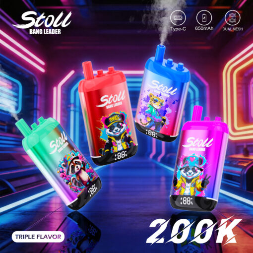 Publicité colorée pour l'appareil vape Stoll Bang Leader montrant quatre appareils de couleurs néon dans un tunnel futuriste, avec des icônes de Type-C, 650mAh et double mesh