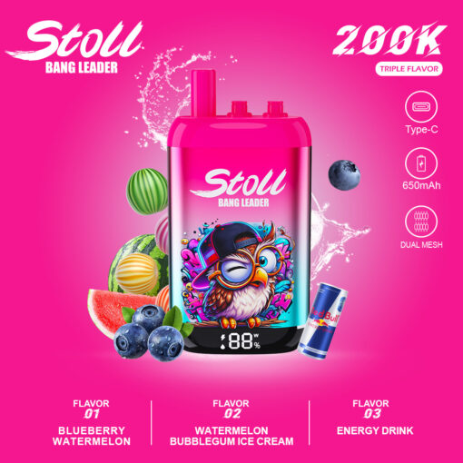 Publicité pour l'appareil vape Stoll Bang Leader rose avec des icônes de saveurs de fruits et de boissons énergisantes et des étiquettes de caractéristiques du produit