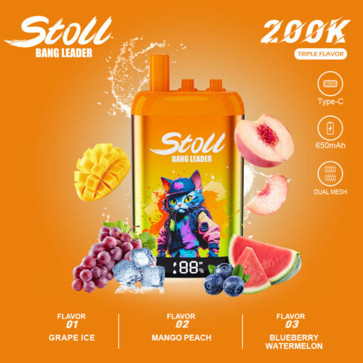 Publicité pour l'appareil vape Stoll Bang Leader orange avec des saveurs de fruits, une illustration de chat et des spécifications pour Type-C, 650mAh, double mesh