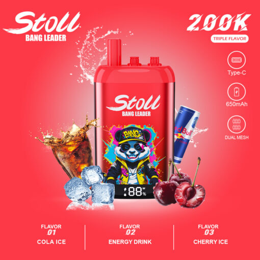 Publicité pour l'appareil vape Stoll Bang Leader rouge avec des options de triple saveur, entouré de graphiques de cola, boisson énergisante, glace et cerise