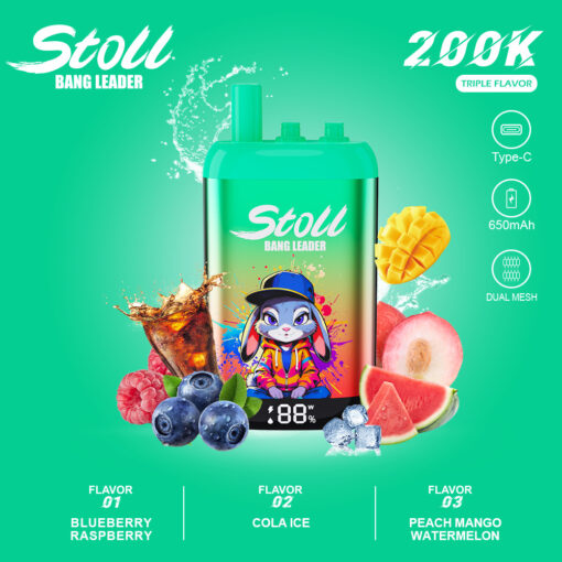 Publicité pour l'appareil vape Stoll Bang Leader vert avec des saveurs de fruits, des icônes de batterie et de Type-C, et le texte de triple saveur 200K