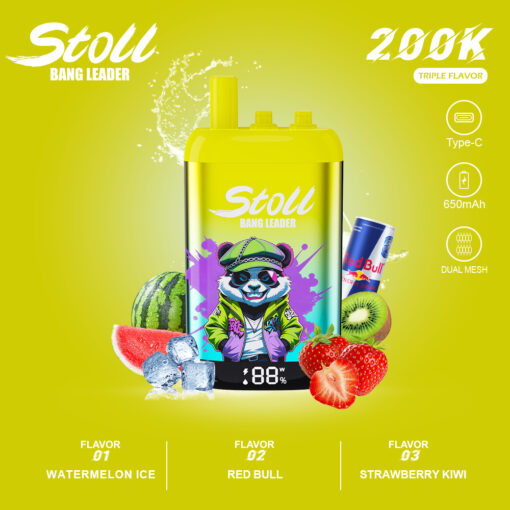 Publicité pour l'appareil vape Stoll Bang Leader jaune avec des saveurs de fruits, des bouffées de 200K, une recharge de type C et des icônes de batterie de 650mAh