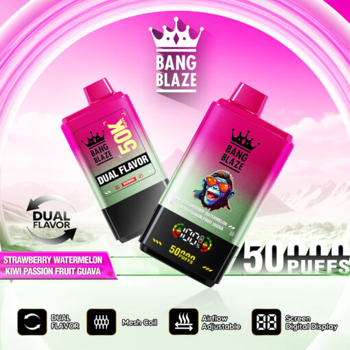ピンクのBang Blazeベイプ広告。デュアルフレーバーデバイス2台と50,000パフのテキストが特集されており、ストロベリーウォーターメロンとキウイパッションフルーツグアバのフレーバーが登場します。