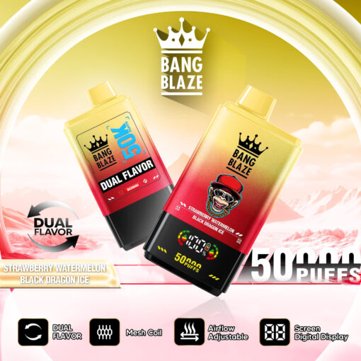 2つのゴールドレッドの使い捨てデバイスを示すBang Blazeベイプ広告。5万パフ、デュアルフレーバー、メッシュコイル、調整可能なエアフロー、デジタルディスプレイ。