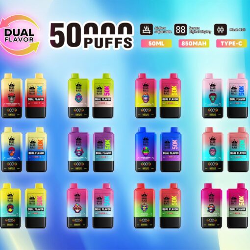 Bang Blazeのデュアルフレーバーベイプのプロモーショングラフィック。50,000パフ、50ml、850mAh、Type-C充電対応。複数のフレーバーを楽しめます。