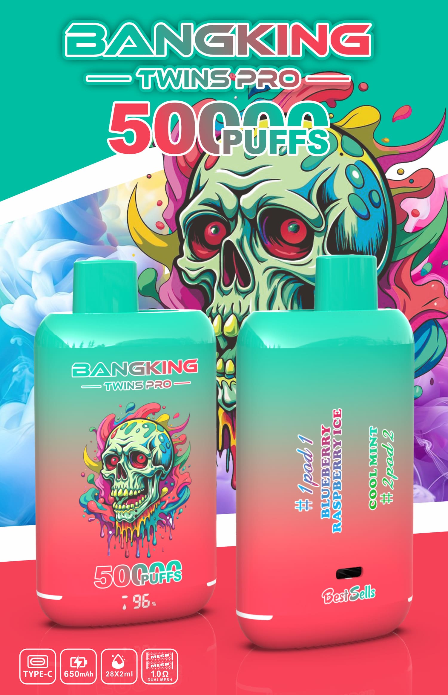 Bang King Twins 50000 Puffs Vape | 650mAh, Dual 28ml Pods | 12