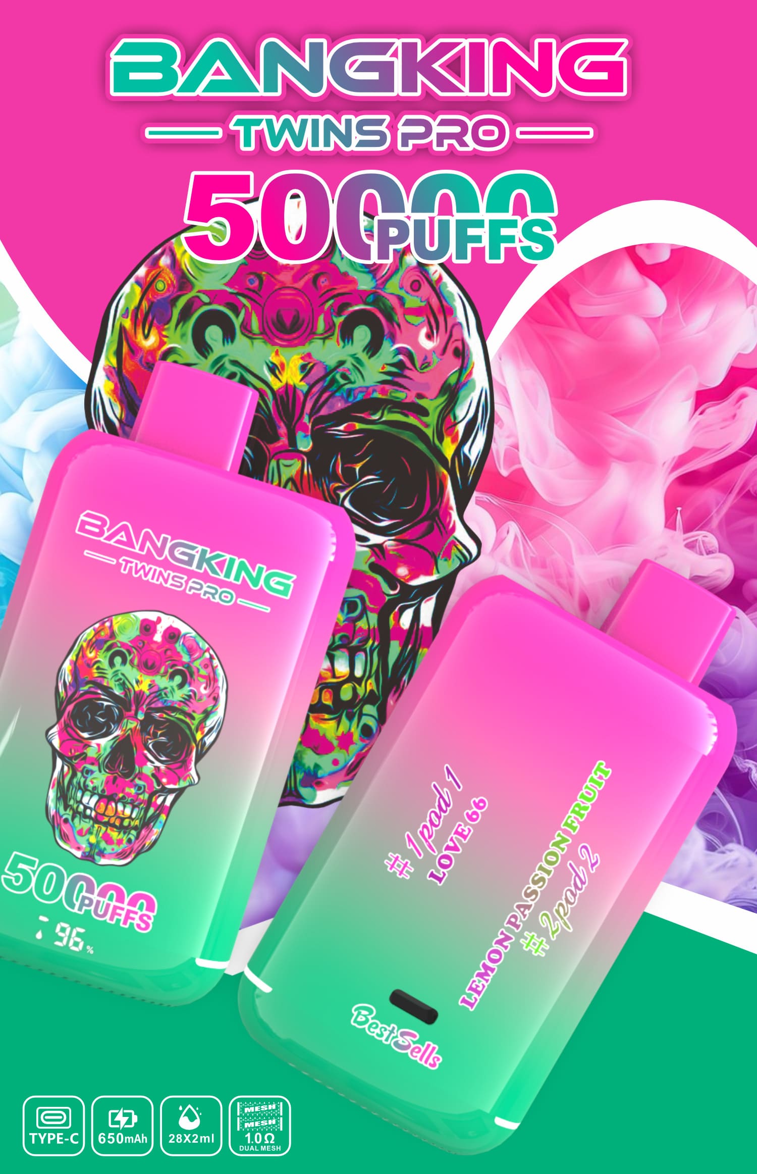 Bang King Twins 50000 Puffs Vape | 650mAh, Dual 28ml Pods | 12