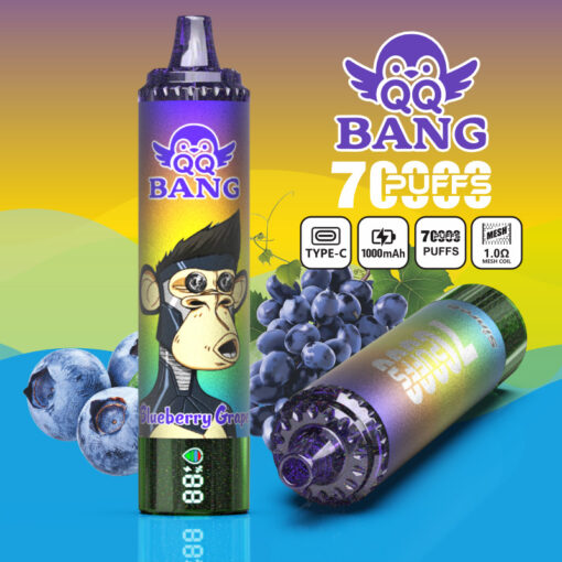 Colorful ad for a QQ Bang 7,000-puff blueberry grape vape with Type-C, 1000mAh, and mesh coil icons