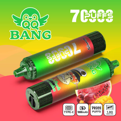Promotional graphic for Bang 7,000 puffs vape devices with fruit flavor imagery and feature icons