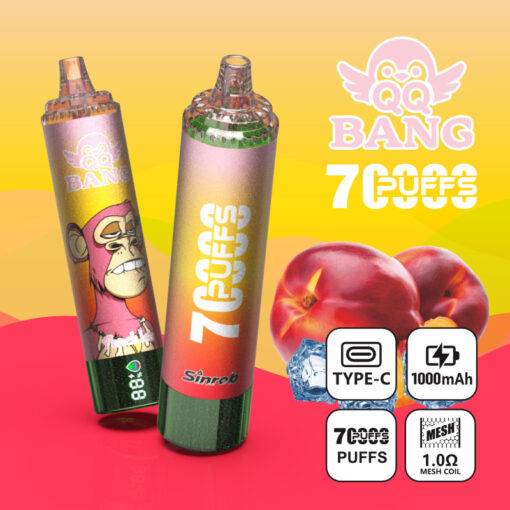 ピーチのグラフィック、“QQ Bang 7 Puffs”のブランディング、Type-C、1000mAh、メッシュコイルの特徴アイコンを備えたカラフルな使い捨てベイプデバイス2台