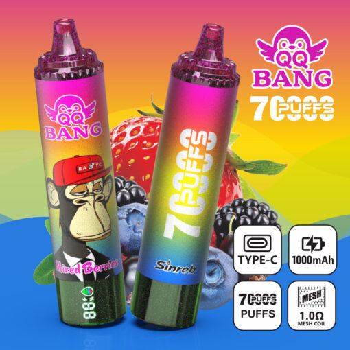 混合ベリーフレーバーと特徴アイコンを備えたQQ Bang 7 Puffsベイプデバイスのプロモーショングラフィック