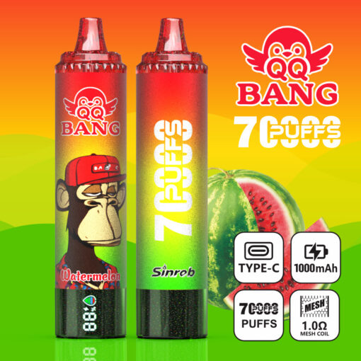 Two colorful QQ Bang 7 Puffs vape devices shown with watermelon graphics and feature icons on a bright gradient background