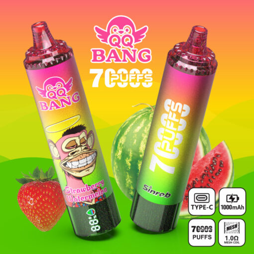 Colorful ad for QQ Bang 7,000 puffs vape devices with strawberry watermelon and sinrob flavors, plus fruit images and feature icons