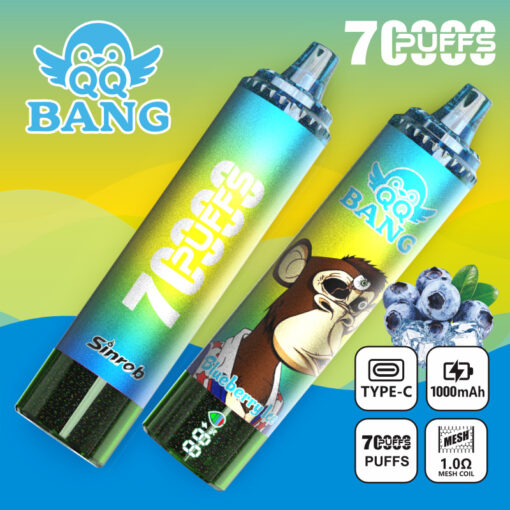 Promotional graphic of two 7 Puffs Bang vape devices, blueberry ice and sinrob, with feature icons and blueberries