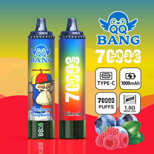 Product ad for QQ Bang vape devices, showing two colorful pens with 7,000 puffs, Type-C charging, and blueberry raspberry flavor