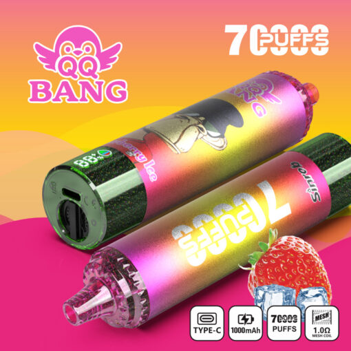 Two colorful 7 BANG disposable vape devices, one strawberry-flavored, with feature icons and a bright gradient background