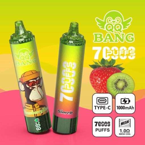 Bang 7 Puffs vape devices in strawberry kiwi flavor with fruit and feature icons on a bright yellow-pink background