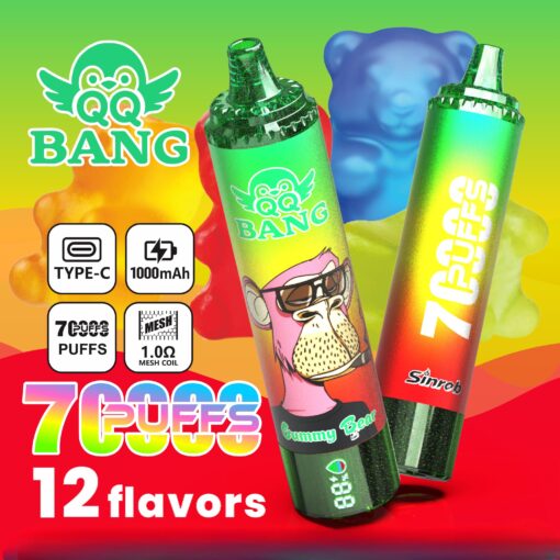 Colorful ad for QQ Bang 7Cuffs vape devices, showing two flavored vape pens and feature icons on a bright gradient background