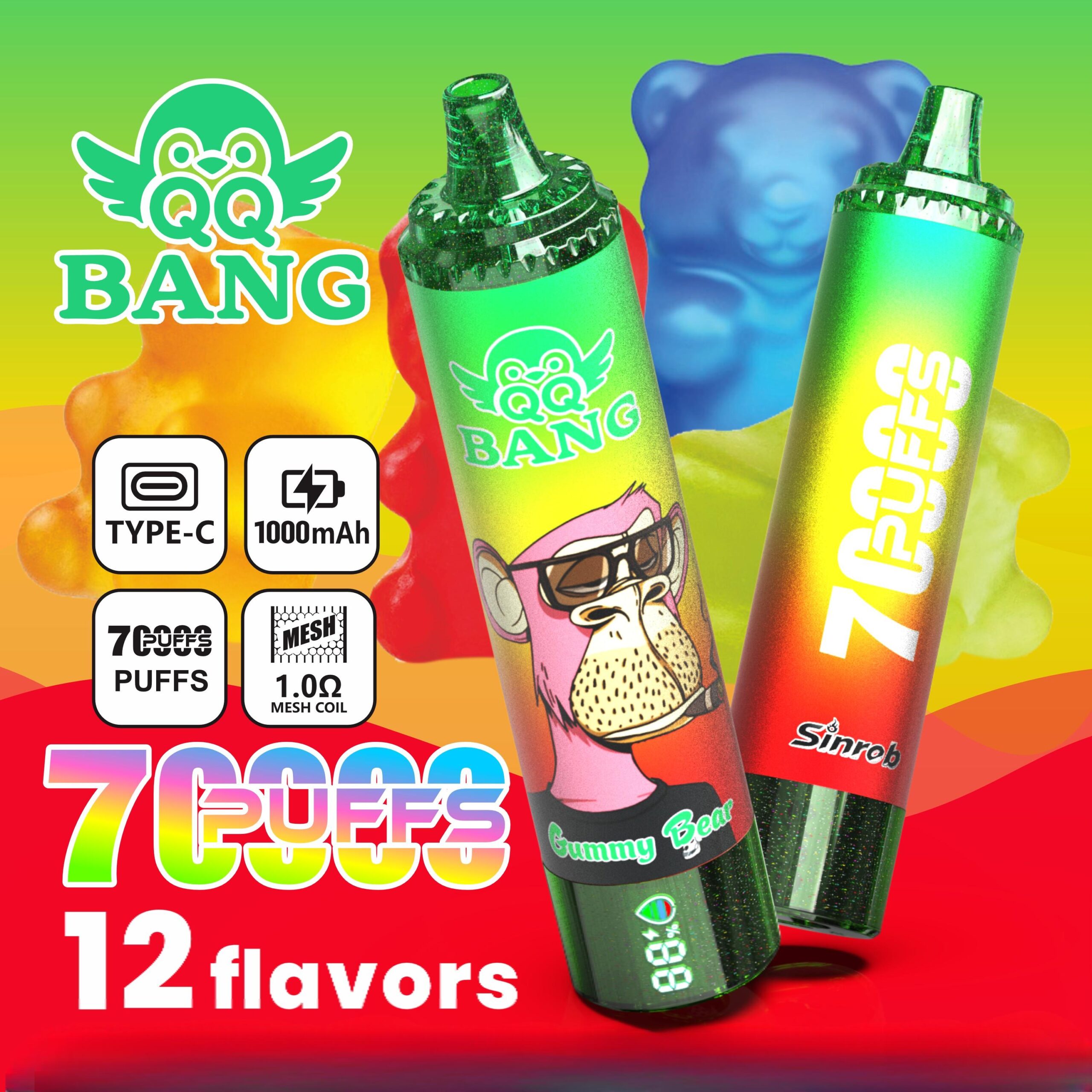 Colorful ad for QQ Bang 7Cuffs vape devices, showing two flavored vape pens and feature icons on a bright gradient background